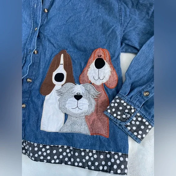 Vintage light Denim Shacket with Dogs and Polka Dots - Picture 3 of 5